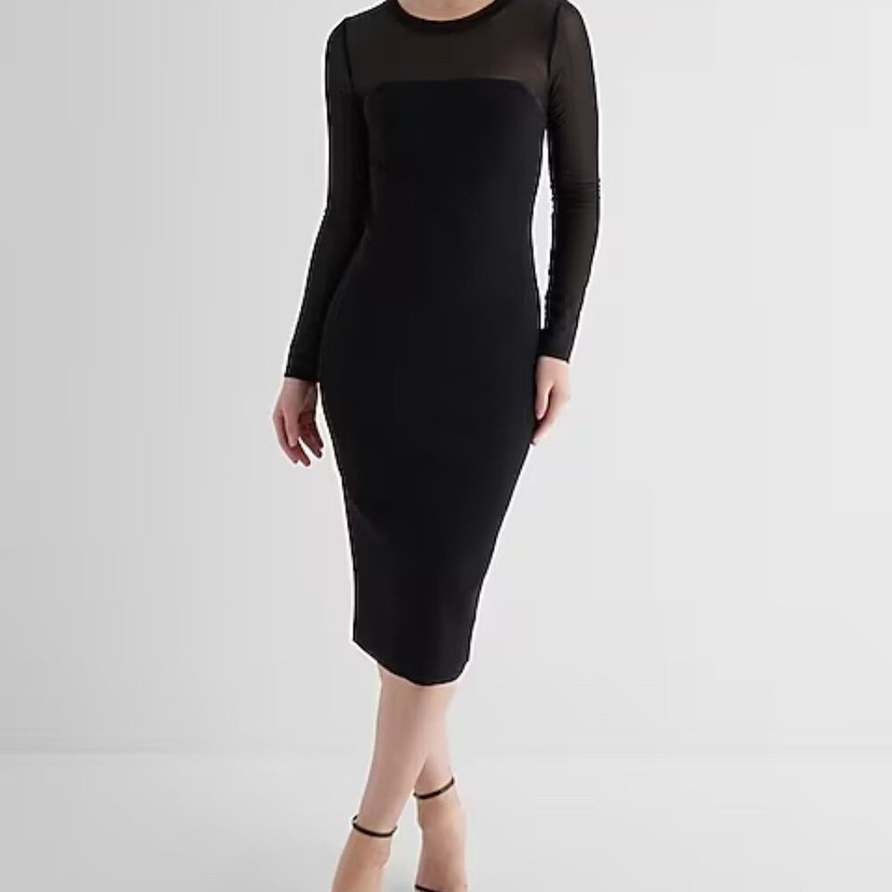 Body Contour Mesh Crewneck Long Sleeve Midi Sweater Dress